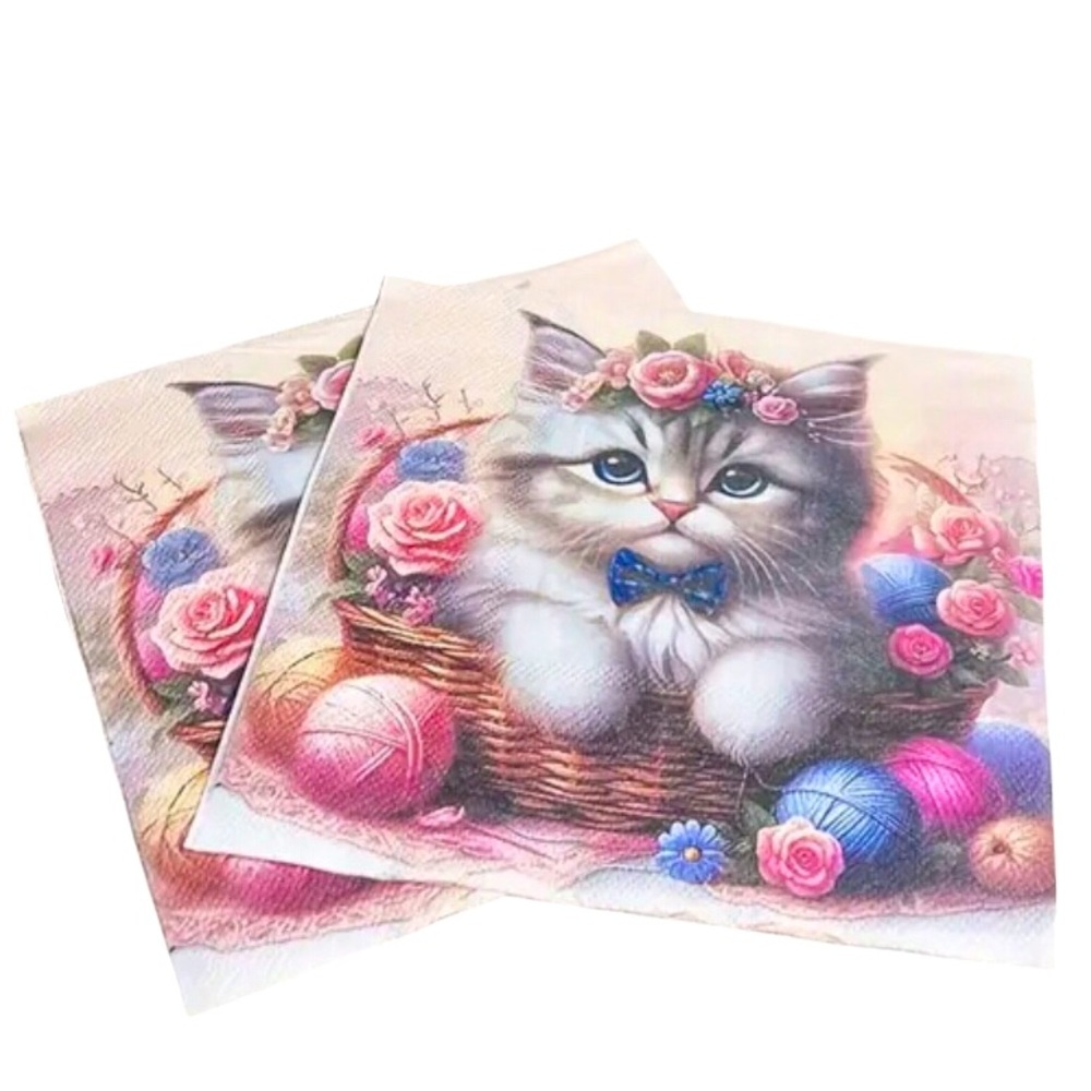 Two (2) Individual Decoupage Rose Sweet Bow Tie Kitten Yarn Basket Paper Napkins